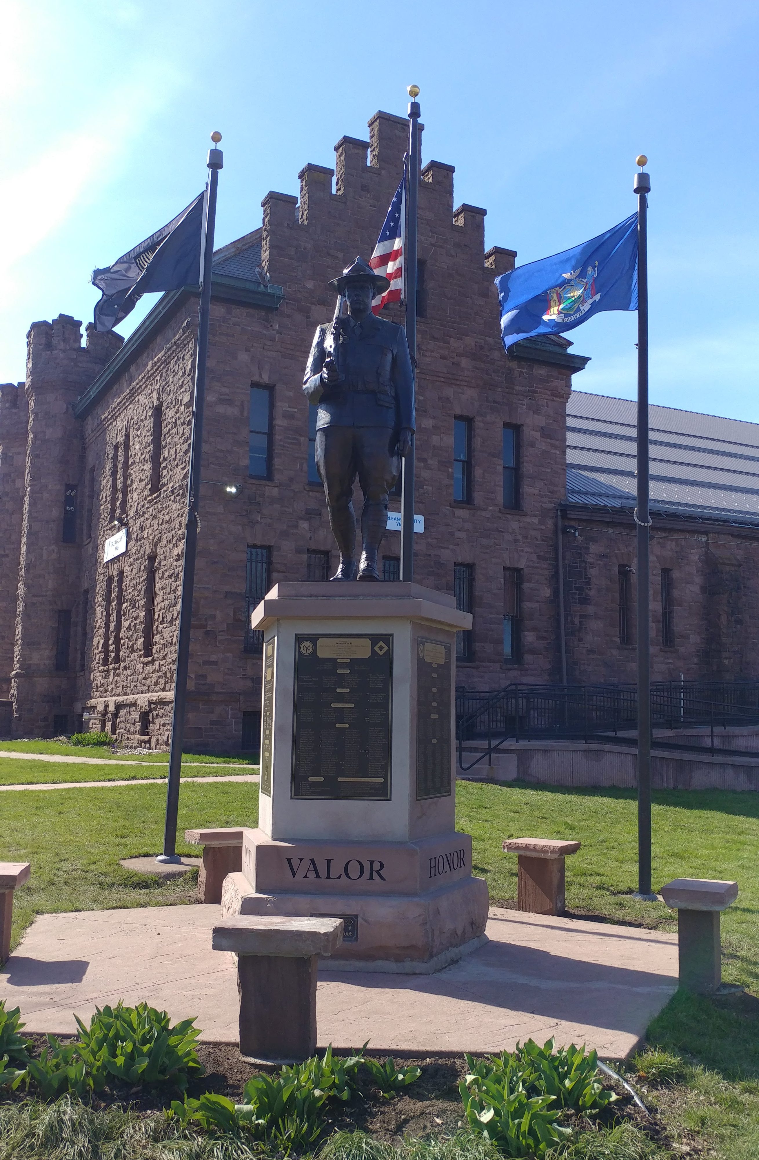 Co F Monument with new bronze statue, benches and 3rd flag pole